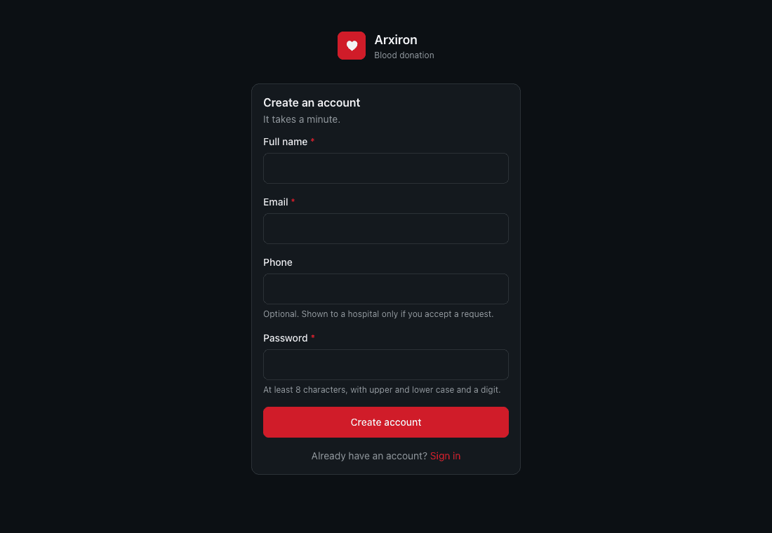 The Arxiron sign-up screen, a dark interface with the red Arxiron blood donation branding